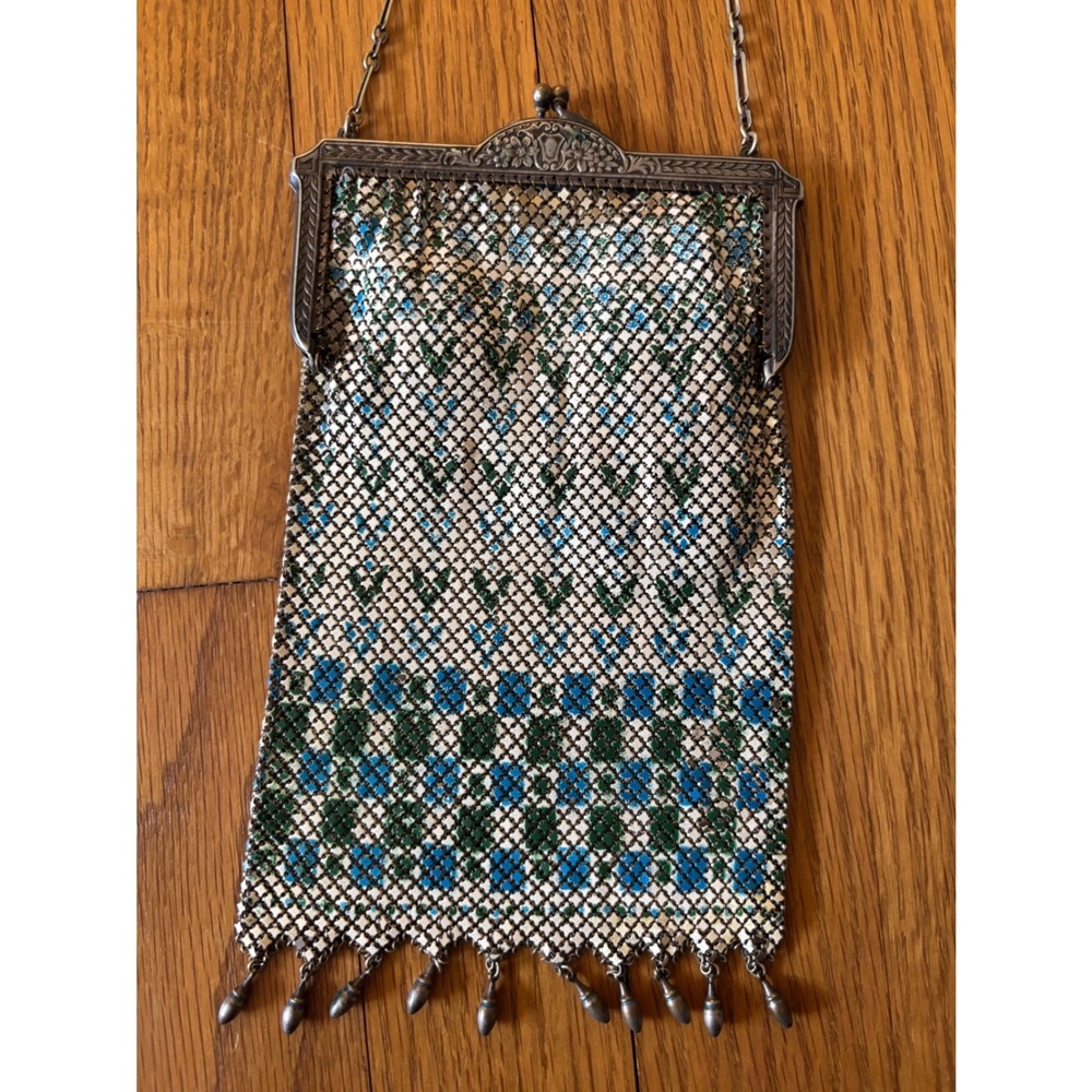 Antique Whiting & Davis Art Deco Mesh Evening Bag Blue Green Geometric Kiss Lock - Picture 3 of 5